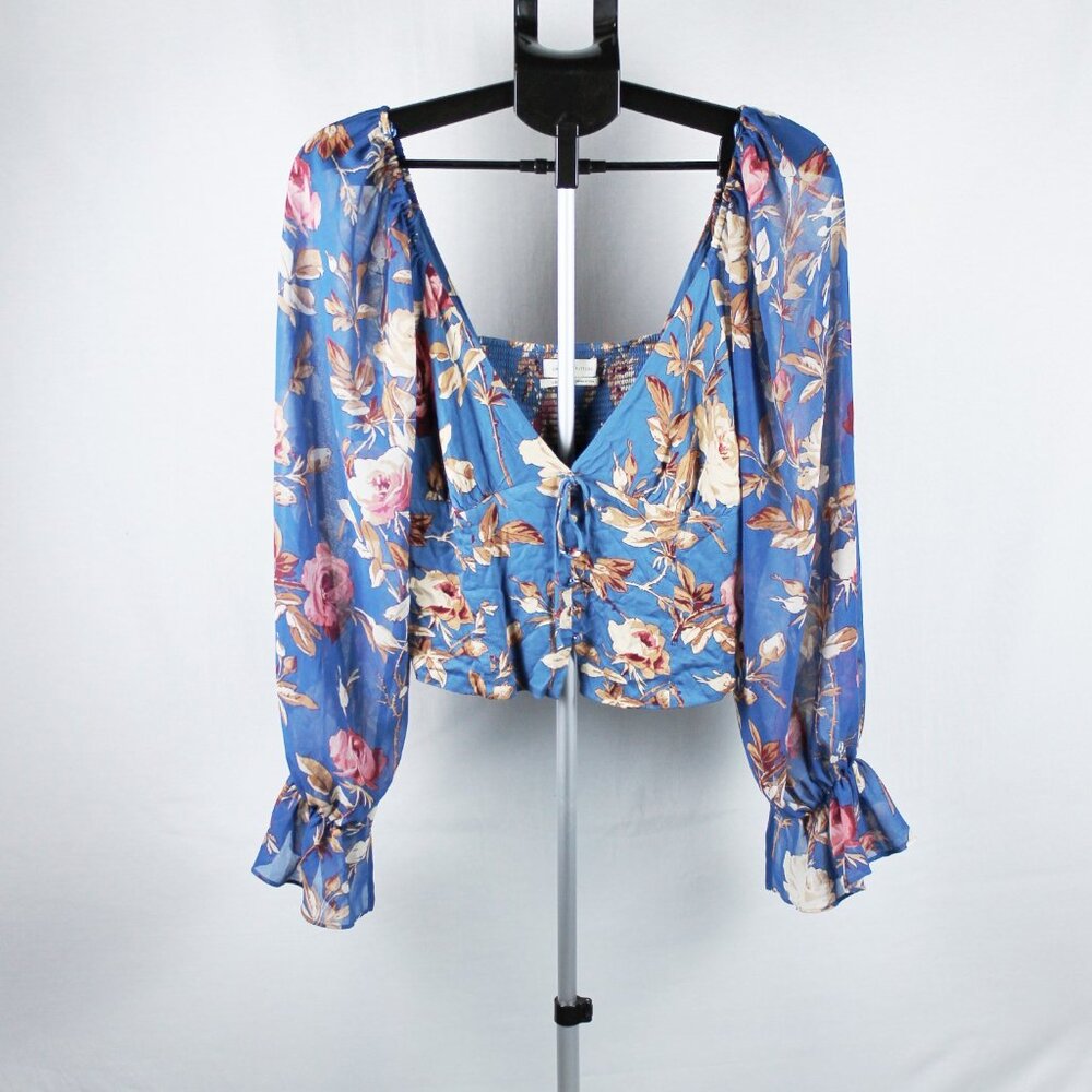 Urban Outfitters, Junior Size L, Blue with Cream, Tan, and Pink Flowers Blouse